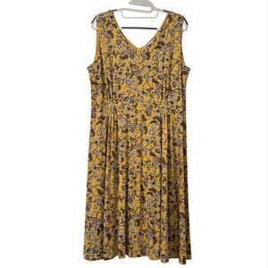 Coldwater Creek Floral Dress Large Mustard Yellow Stretch Jersey Knit Maximalist